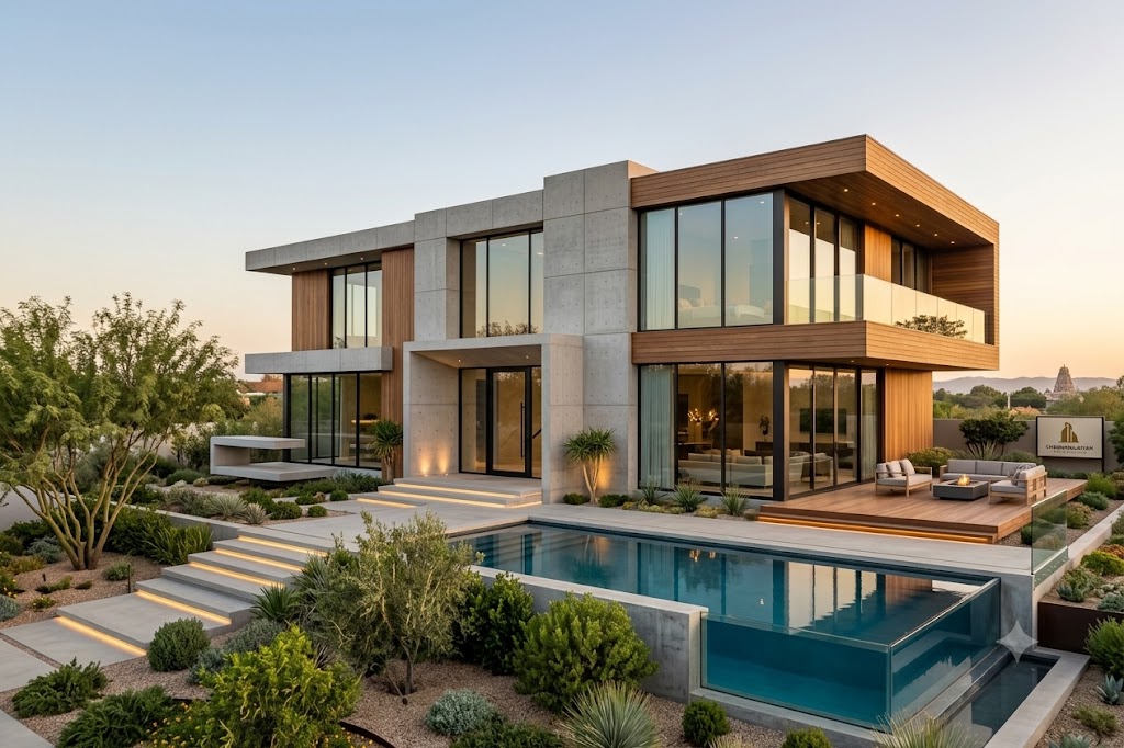A finished contemporary house at dusk - timber, board-marked concrete and glass over a pool deck