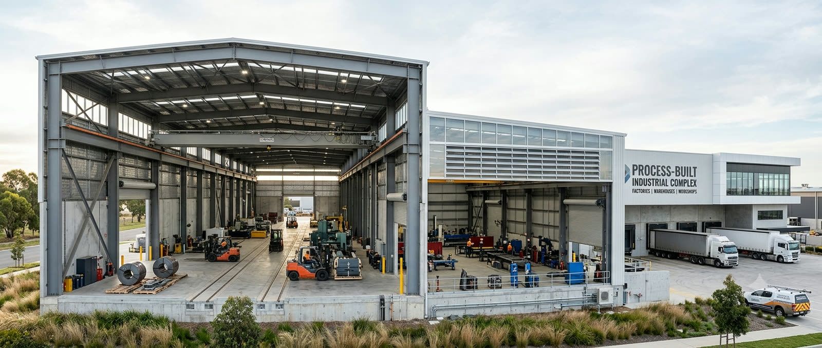 Industrial shed with long clear spans and a heavy-duty floor slab