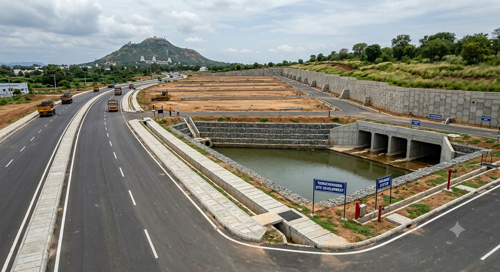 A new carriageway curving through a compound wall to a gatehouse